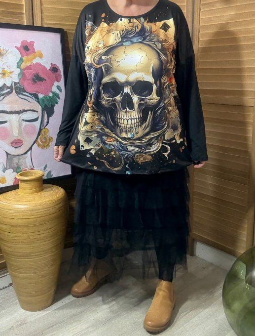 Top ample noir manches longues Poker Skulls Face du 40 au 52