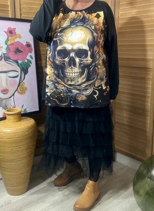 Top ample noir manches longues Poker Skulls Face du 40 au 52