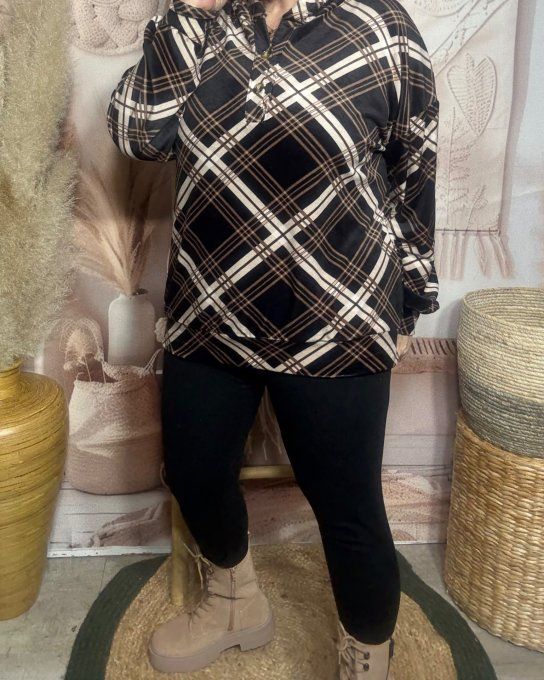 Top à capuche ample velours ras Tartan noir chocolat crème douceur +++ du 38 au 48