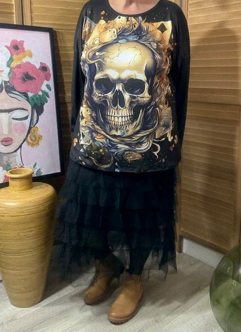 Top ample noir manches longues Poker Skulls Face du 40 au 52