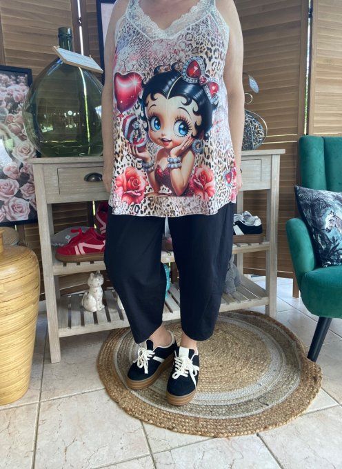 Caraco Débardeur Top trapèze satiné mat & dentelle léopard Betty Boop du 40 au 52   