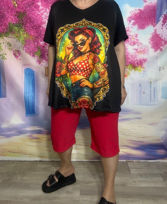 Tee-shirt trapèze noir manches courtes Col V The Tattoo Pinup Retro Chic du 42 au 56