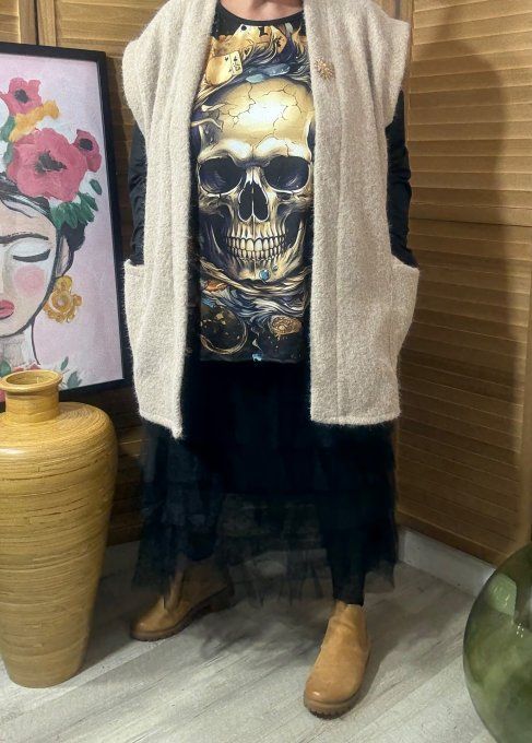 Top ample noir manches longues Poker Skulls Face du 40 au 52