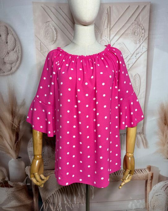 Blouse Bohème chic Fuschia pois blancs manches volantées épaules dénudées du 38 au 50/52