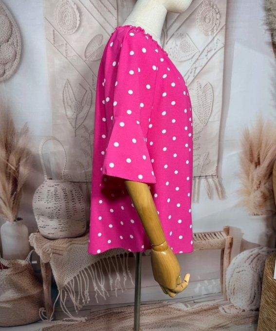 Blouse Bohème chic Fuschia pois blancs manches volantées épaules dénudées du 38 au 50/52