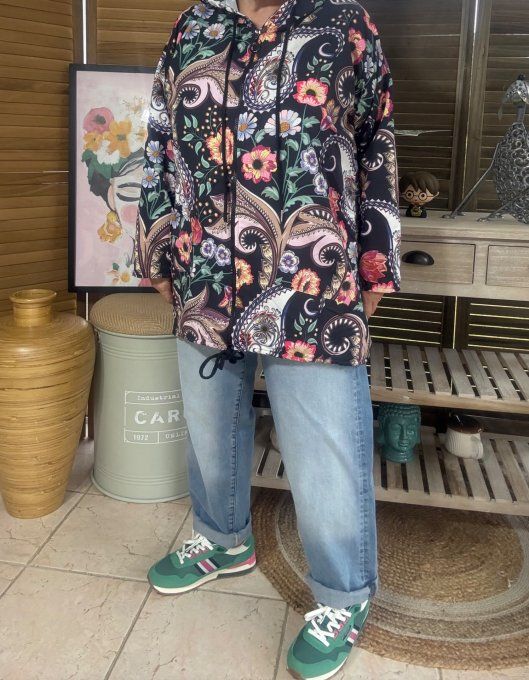 Coupe-vent à capuche déperlant noir Fleurs Gypsie Chic du 38 au 48 et même + 