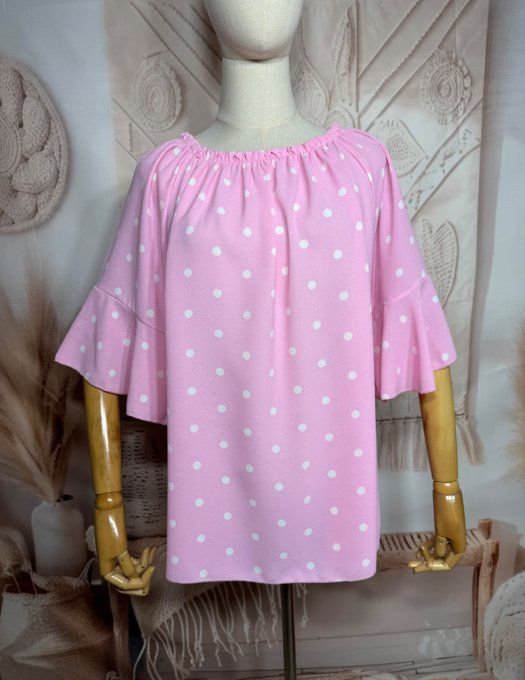 Blouse Bohème chic rose bébé pois blancs manches volantées épaules dénudées du 38 au 50/52