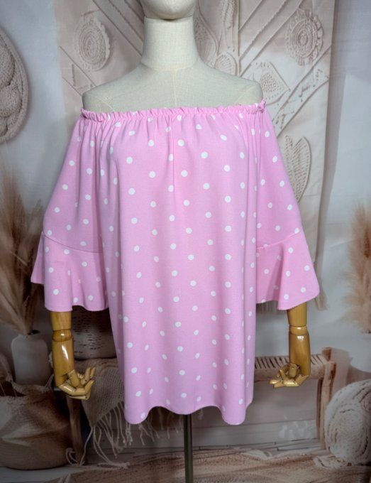 Blouse Bohème chic rose bébé pois blancs manches volantées épaules dénudées du 38 au 50/52