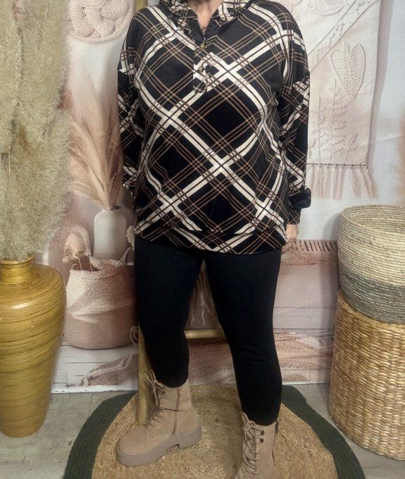 Top à capuche ample velours ras Tartan noir chocolat crème douceur +++ du 38 au 48