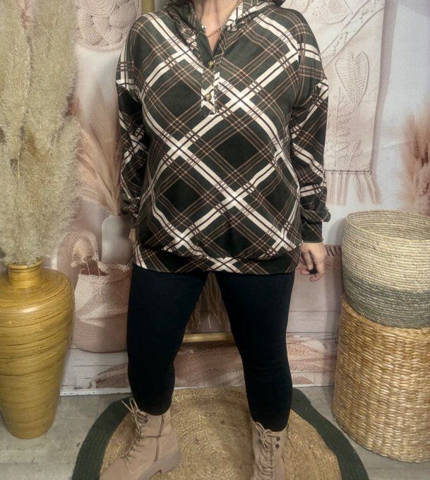 Top à capuche ample velours ras Tartan Kaki caramel crème douceur +++ du 38 au 48 