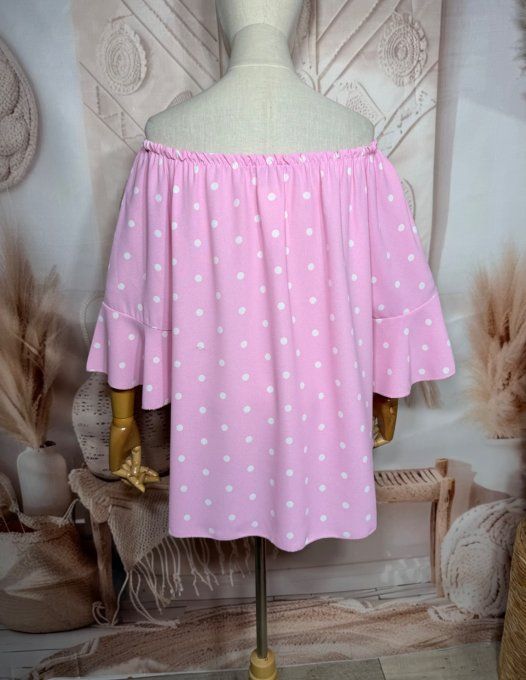 Blouse Bohème chic rose bébé pois blancs manches volantées épaules dénudées du 38 au 50/52