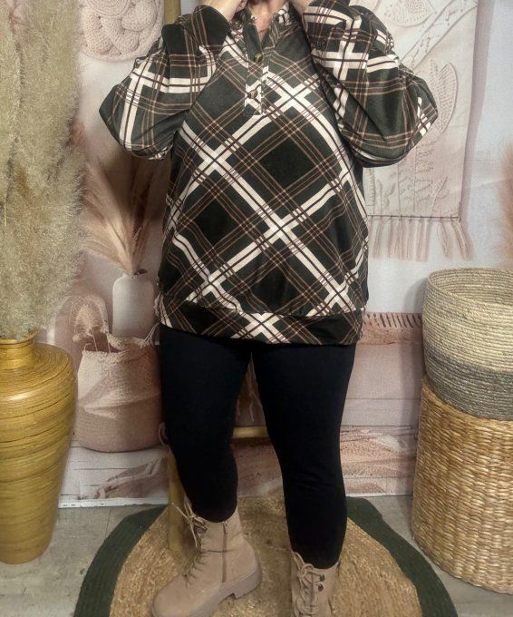 Top à capuche ample velours ras Tartan Kaki caramel crème douceur +++ du 38 au 48 