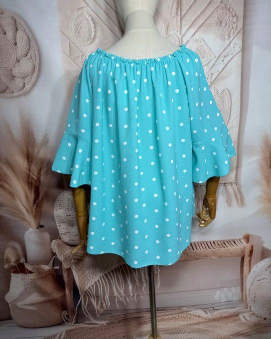 Blouse Bohème chic Vert d'eau pois blancs manches volantées épaules dénudées du 38 au 50/52