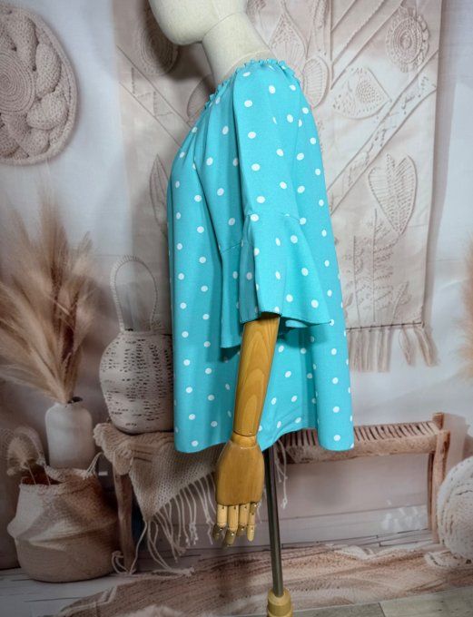Blouse Bohème chic Vert d'eau pois blancs manches volantées épaules dénudées du 38 au 50/52