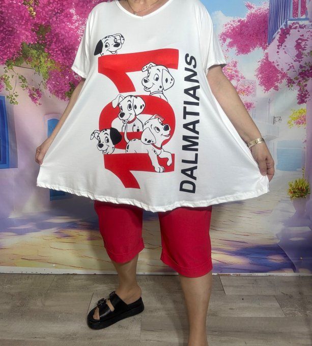 Tee-shirt trapèze écru manches courtes Col V Les 101 Dalmatiens malicieux du 42 au 56 