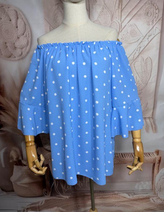 Blouse Bohème chic Bleu Layette pois blancs manches volantées épaules dénudées du 38 au 50/52
