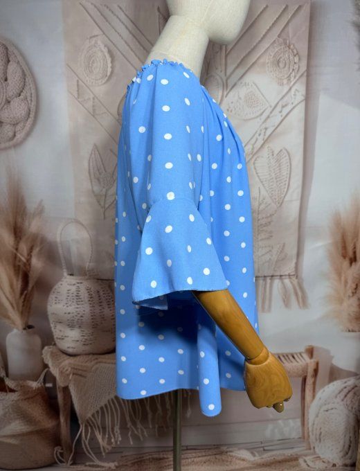 Blouse Bohème chic Bleu Layette pois blancs manches volantées épaules dénudées du 38 au 50/52