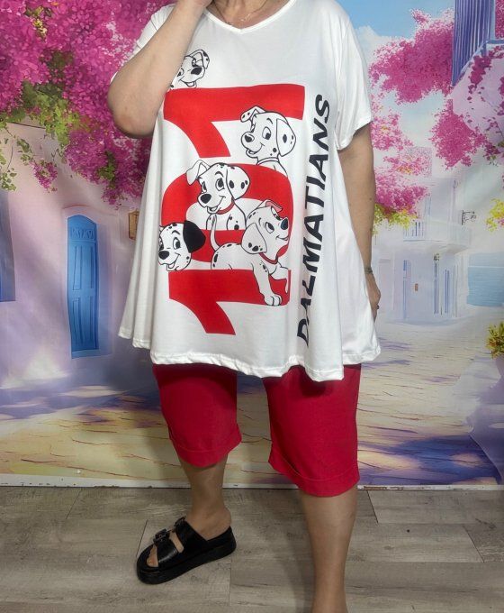 Tee-shirt trapèze écru manches courtes Col V Les 101 Dalmatiens malicieux du 42 au 56 