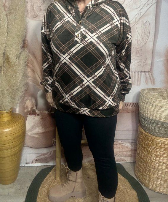 Top à capuche ample velours ras Tartan Kaki caramel crème douceur +++ du 38 au 48 