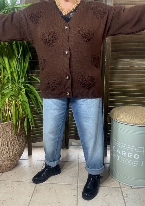 Gilet ample sans laine chocolat Coeurs bouclette en relief du 38 au 50 et même + 