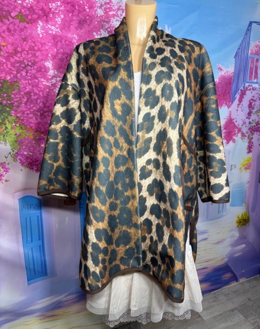 Veste longue façon manteau polaire Léopard & dorée Frida Kahlo aux Fleurs douceur +++ du 40 au 52