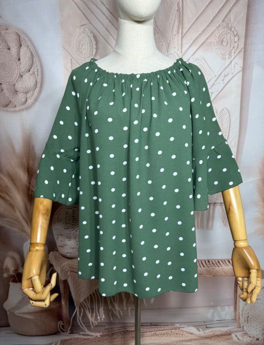 Blouse Bohème chic Kaki pois blancs manches volantées épaules dénudées du 38 au 50/52