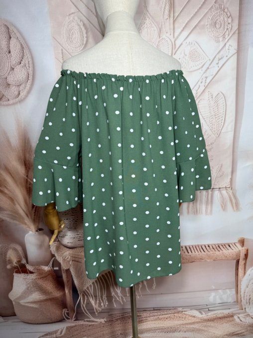 Blouse Bohème chic Kaki pois blancs manches volantées épaules dénudées du 38 au 50/52