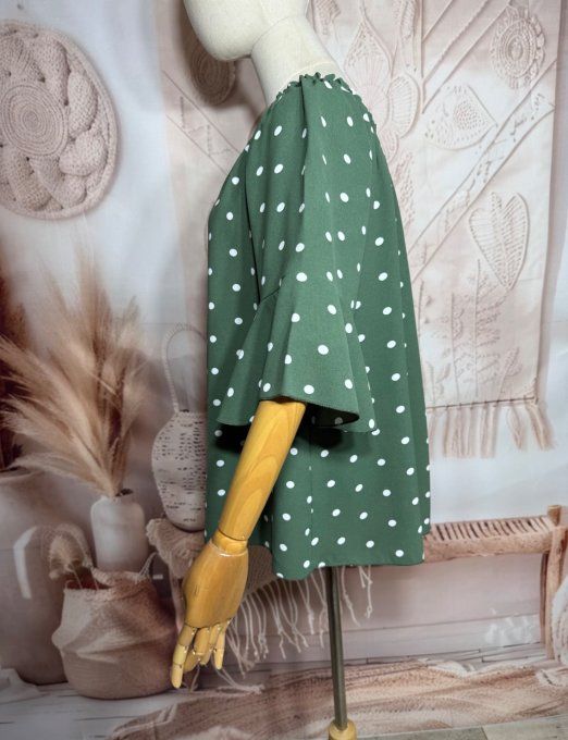 Blouse Bohème chic Kaki pois blancs manches volantées épaules dénudées du 38 au 50/52