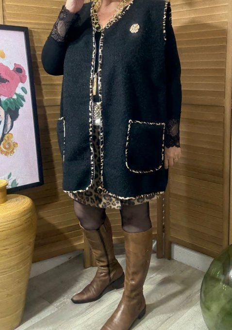 Gilet sans manches noir & Léopard + broche Fleur du 42 au 52/54 et même + 