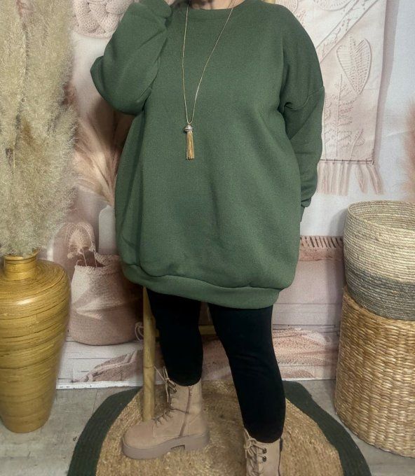 Sweat trapèze long overisze molletonné kaki du 40 au 52 