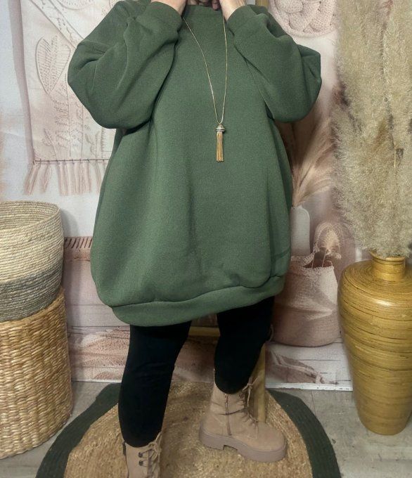 Sweat trapèze long overisze molletonné kaki du 40 au 52 