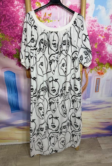 Robe droite longue blanche aspect Lin Paintings Visages Femmes N°2 du 36 au 46