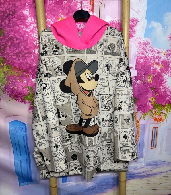 Sweat à capuche rose Fluo beige Mickey Mouse BD Comics Rétro douceur +++ du 38 au 48