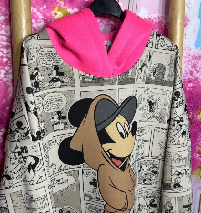 Sweat à capuche rose Fluo beige Mickey Mouse BD Comics Rétro douceur +++ du 38 au 48