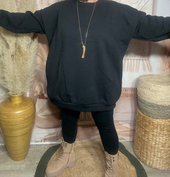 Sweat trapèze long overisze molletonné noir du 40 au 52 