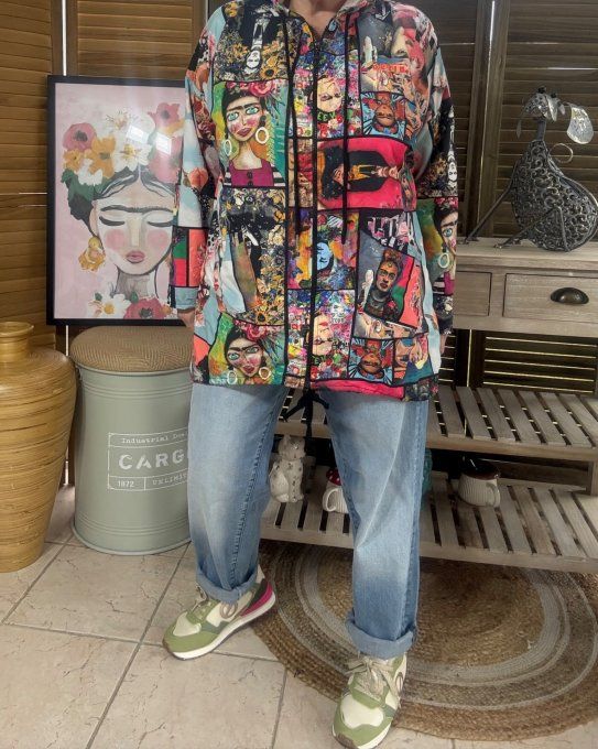 Coupe-vent à capuche déperlant multicolore Frida Kahlo Pop Art du 38 au 48 et même +  