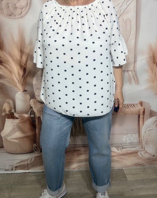 Blouse Bohème chic blanche pois noirs manches volantées épaules dénudées du 38 au 50/52