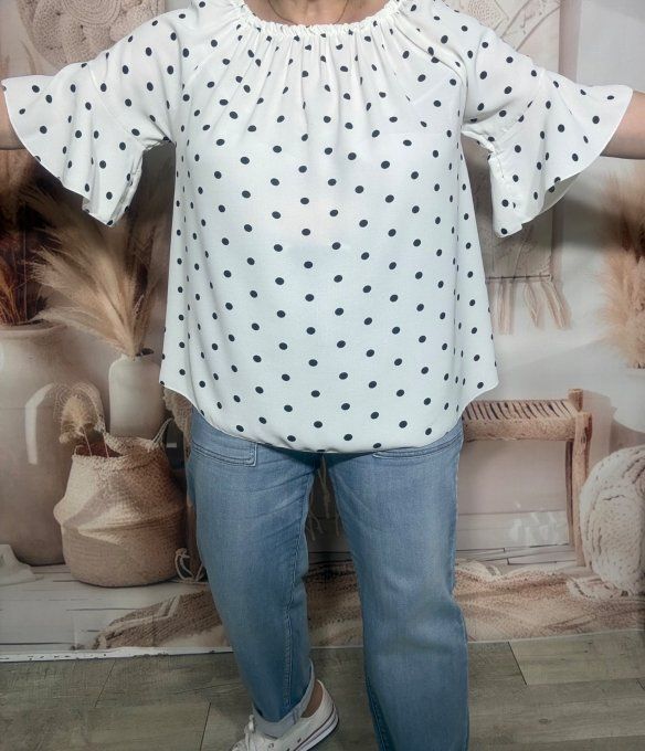 Blouse Bohème chic blanche pois noirs manches volantées épaules dénudées du 38 au 50/52