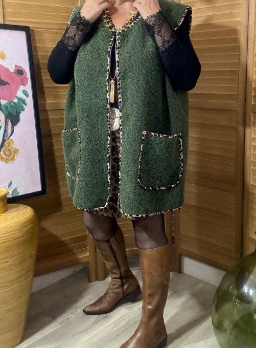 Gilet sans manches Kaki & Léopard + broche Fleur du 42 au 52/54 et même + 