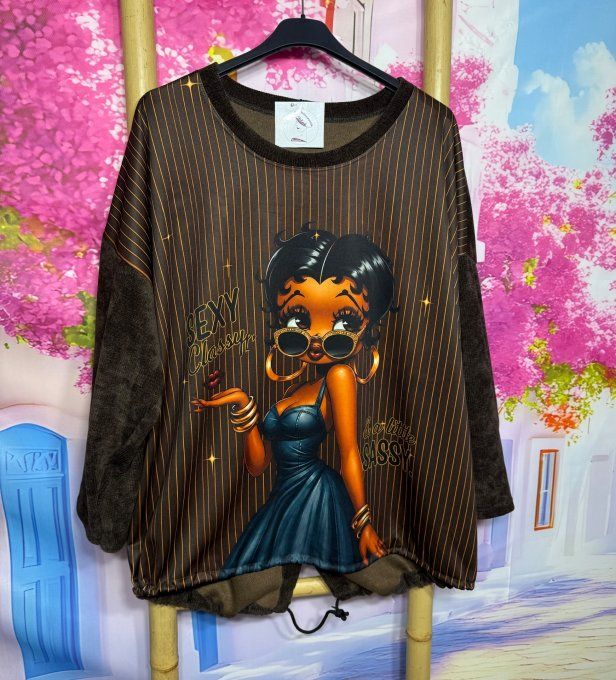 Sweat satiné et velours chocolat fines rayures Betty Boop Fashion douceur +++ du 38 au 50/52