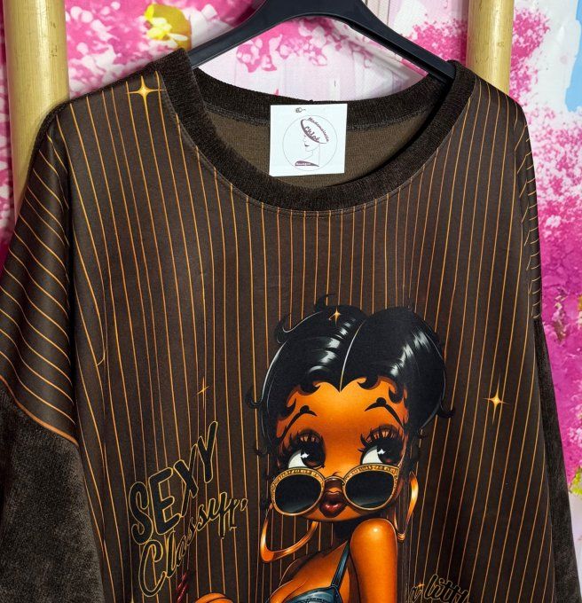 Sweat satiné et velours chocolat fines rayures Betty Boop Fashion douceur +++ du 38 au 50/52