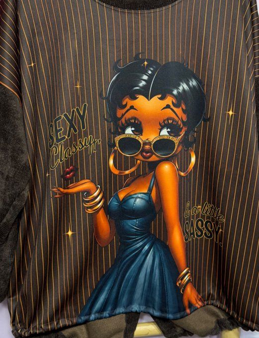 Sweat satiné et velours chocolat fines rayures Betty Boop Fashion douceur +++ du 38 au 50/52