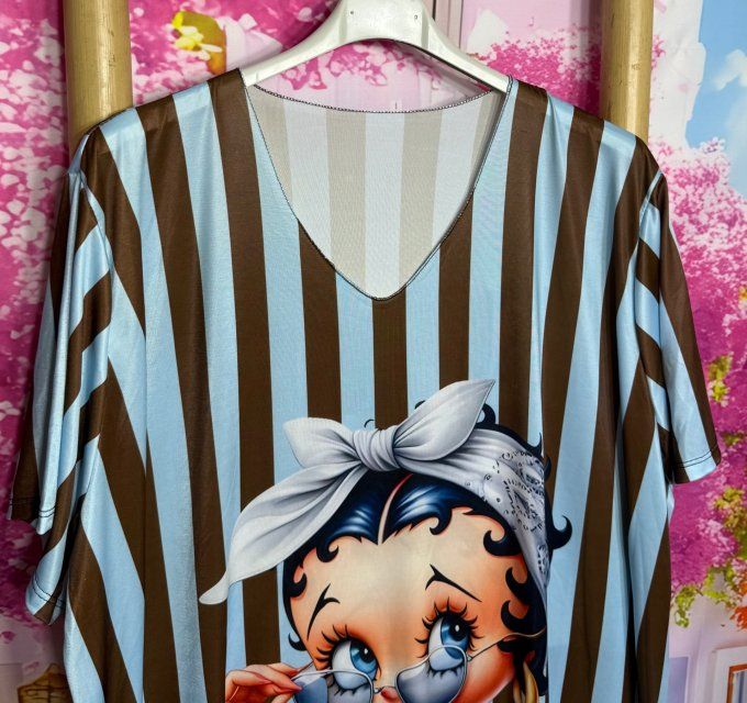 Tee-shirt fin trapèze oversize lycra ciel rayé chocolat Betty Boop du 40 au 54  