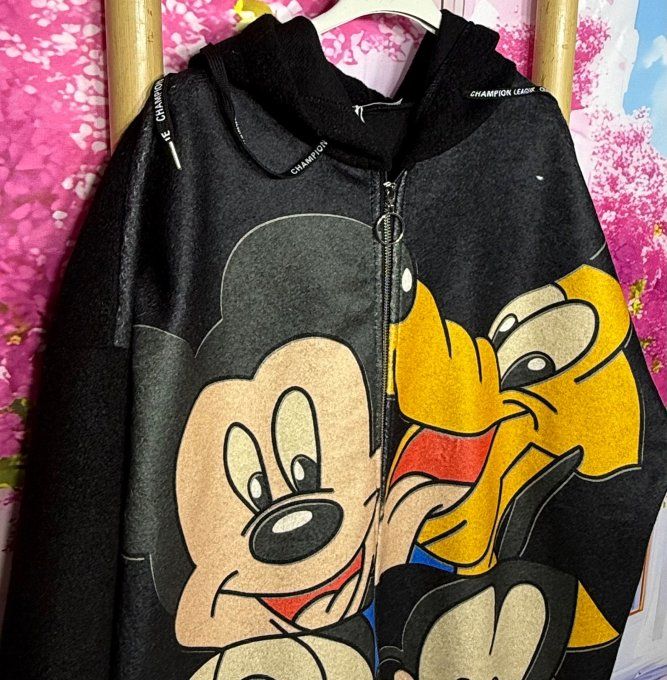 Gilet long à capuche oversize polaire noire Mickey Mouse et ses amis du 38 au 50 et même +