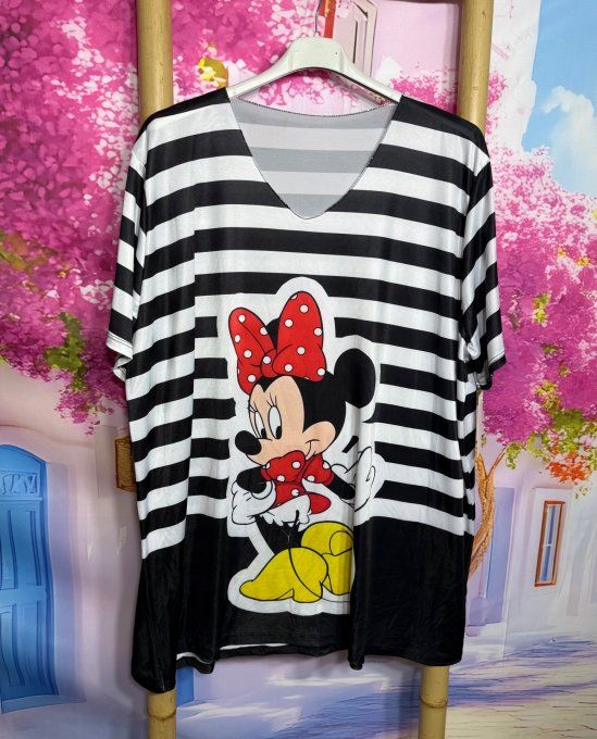 Tee-shirt fin trapèze oversize lycra noir rayé blanc Minnie Mouse Disney du 40 au 54 