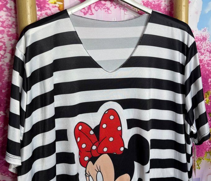 Tee-shirt fin trapèze oversize lycra noir rayé blanc Minnie Mouse Disney du 40 au 54 