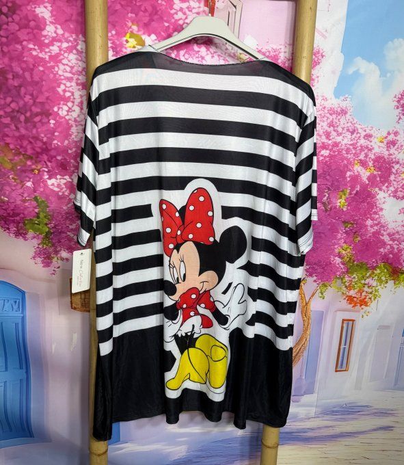 Tee-shirt fin trapèze oversize lycra noir rayé blanc Minnie Mouse Disney du 40 au 54 
