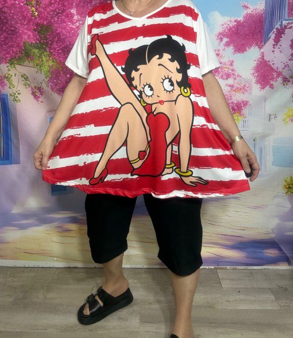 Tee-shirt trapèze écru rayé rouge manches courtes Col V Betty Boop et son chien du 42 au 56 