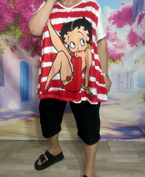 Tee-shirt trapèze écru rayé rouge manches courtes Col V Betty Boop et son chien du 42 au 56 