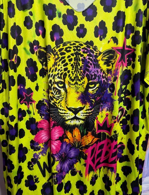 Tee-shirt fin trapèze oversize lycra Léopard jaune fluo Rebel Tiger du 40 au 54 